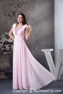Empire Beaded Scoop Prom Dress with Cap Sleeves for Cheap