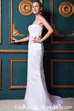 2013 Modest Column Brush Train Taffeta Appliques Bridal Gown