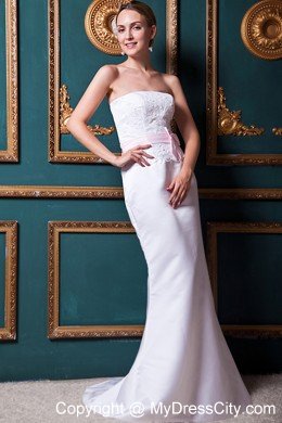2013 Modest Column Brush Train Taffeta Appliques Bridal Gown
