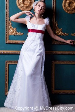 Cap Sleeves Square Lace Wedding Dress with Wine Red Sash