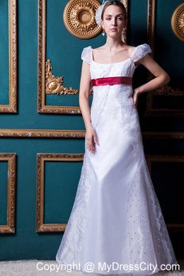 Cap Sleeves Square Lace Wedding Dress with Wine Red Sash
