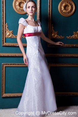 Cap Sleeves Square Lace Wedding Dress with Wine Red Sash