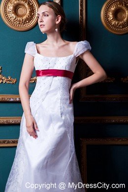 Cap Sleeves Square Lace Wedding Dress with Wine Red Sash