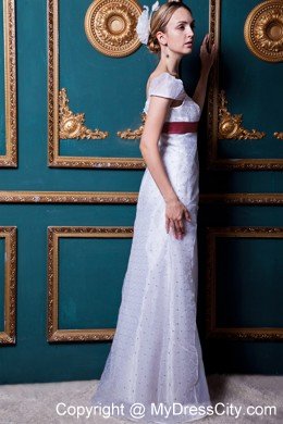 Cap Sleeves Square Lace Wedding Dress with Wine Red Sash