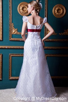 Cap Sleeves Square Lace Wedding Dress with Wine Red Sash