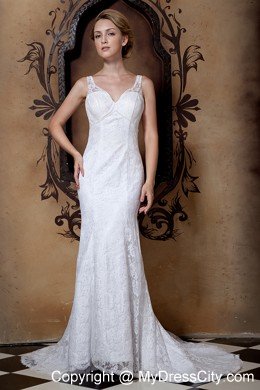 Gorgeous Lace Beading Column V-neck Court Train Wedding Dress