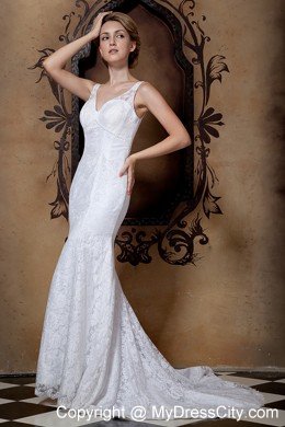 Gorgeous Lace Beading Column V-neck Court Train Wedding Dress