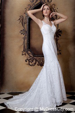 Gorgeous Lace Beading Column V-neck Court Train Wedding Dress