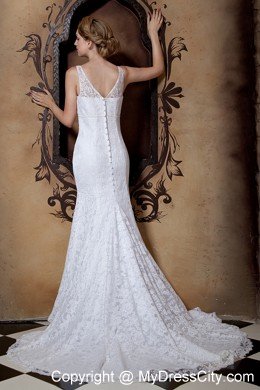 Gorgeous Lace Beading Column V-neck Court Train Wedding Dress