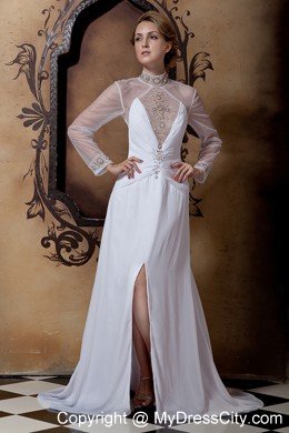 Beaded Sheer High-neck Wedding Gown Long Sleeves with High Slit