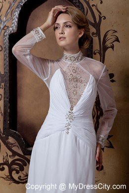 Beaded Sheer High-neck Wedding Gown Long Sleeves with High Slit