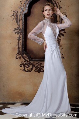 Beaded Sheer High-neck Wedding Gown Long Sleeves with High Slit