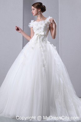 Short Sleeves Floral Embellished Bridal Gown with Bowknot Sash