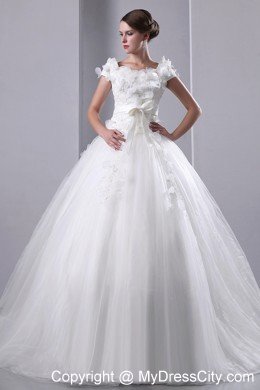 Short Sleeves Floral Embellished Bridal Gown with Bowknot Sash