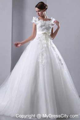 Short Sleeves Floral Embellished Bridal Gown with Bowknot Sash