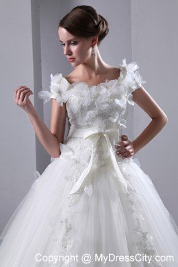 Short Sleeves Floral Embellished Bridal Gown with Bowknot Sash
