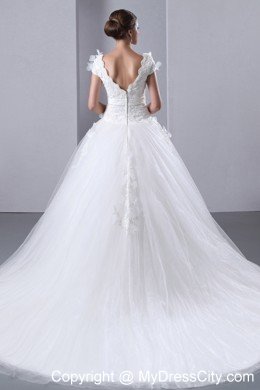 Short Sleeves Floral Embellished Bridal Gown with Bowknot Sash