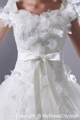 Short Sleeves Floral Embellished Bridal Gown with Bowknot Sash