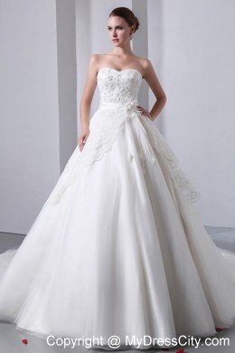 A-line Cathedral Train Strapless Wedding Dress Taffeta with Lace