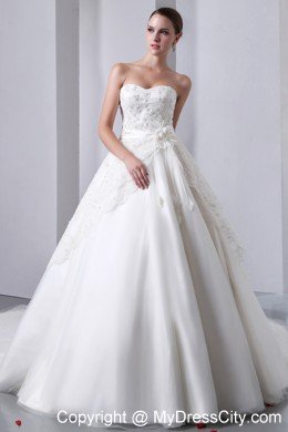 A-line Cathedral Train Strapless Wedding Dress Taffeta with Lace