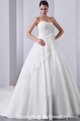 A-line Cathedral Train Strapless Wedding Dress Taffeta with Lace