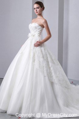 A-line Cathedral Train Strapless Wedding Dress Taffeta with Lace