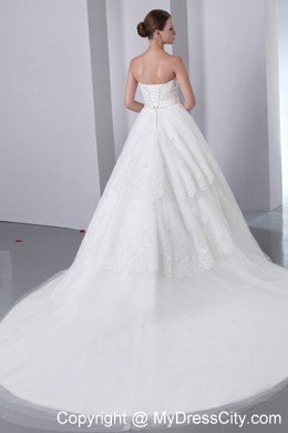 A-line Cathedral Train Strapless Wedding Dress Taffeta with Lace