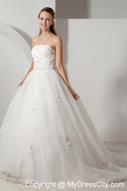 A-line Strapless Chapel Train Bridal Dress Organza with Beading