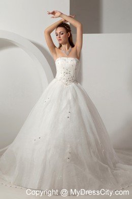 A-line Strapless Chapel Train Bridal Dress Organza with Beading