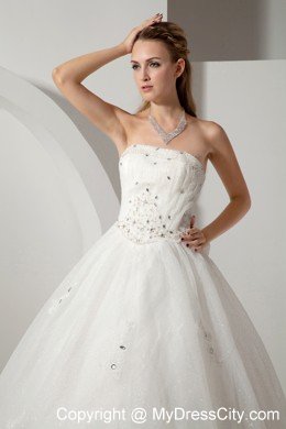 A-line Strapless Chapel Train Bridal Dress Organza with Beading
