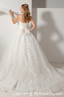 A-line Strapless Chapel Train Bridal Dress Organza with Beading