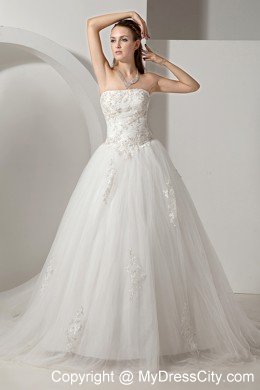 A-line Wedding Gown Strapless Chapel Train Tulle with Appliques