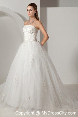A-line Wedding Gown Strapless Chapel Train Tulle with Appliques