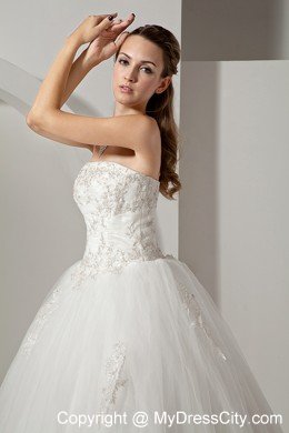 A-line Wedding Gown Strapless Chapel Train Tulle with Appliques