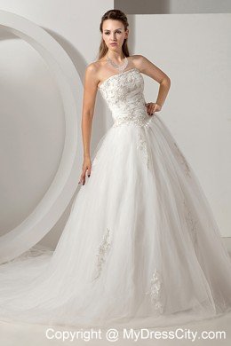 A-line Wedding Gown Strapless Chapel Train Tulle with Appliques