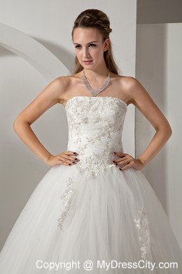 A-line Wedding Gown Strapless Chapel Train Tulle with Appliques