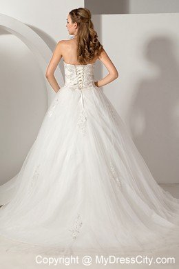 A-line Wedding Gown Strapless Chapel Train Tulle with Appliques