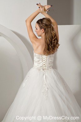 A-line Wedding Gown Strapless Chapel Train Tulle with Appliques