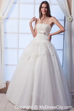 A-line Pearl Ruching Appliques Wedding Dresses with Sash in White