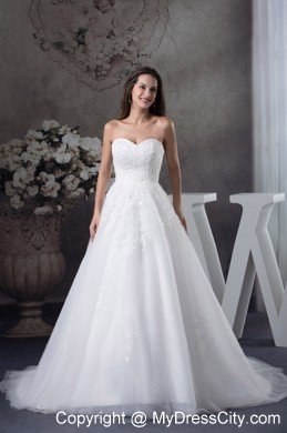 White Court Train Sweetheart Tulle Wedding Dresses with Appliques