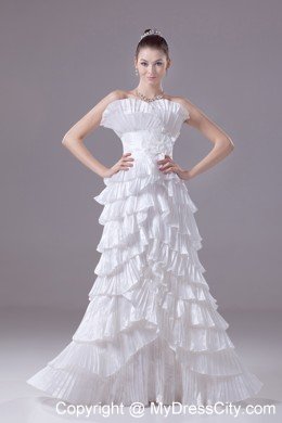 Long Strapless White Floral Weeding Gown with Layers and Pleats
