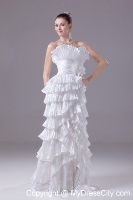 Long Strapless White Floral Weeding Gown with Layers and Pleats