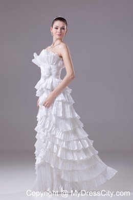 Long Strapless White Floral Weeding Gown with Layers and Pleats