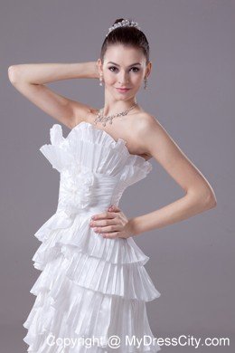 Long Strapless White Floral Weeding Gown with Layers and Pleats