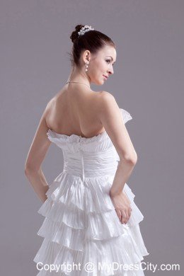 Long Strapless White Floral Weeding Gown with Layers and Pleats