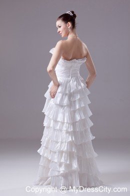 Long Strapless White Floral Weeding Gown with Layers and Pleats