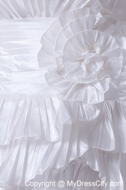 Long Strapless White Floral Weeding Gown with Layers and Pleats