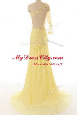 Custom Made One Shoulder Lace Column/Sheath 3 4 Length Sleeve Light Yellow Prom Dress Sweep Train Side Zipper
