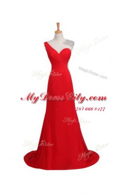 Chic One Shoulder Coral Red Sleeveless Satin Court Train Backless Prom Party Dress for Prom and Party