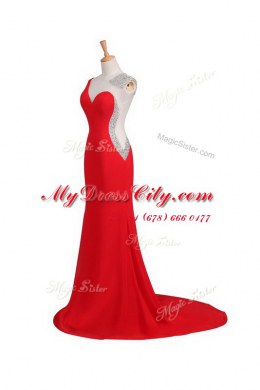 Chic One Shoulder Coral Red Sleeveless Satin Court Train Backless Prom Party Dress for Prom and Party